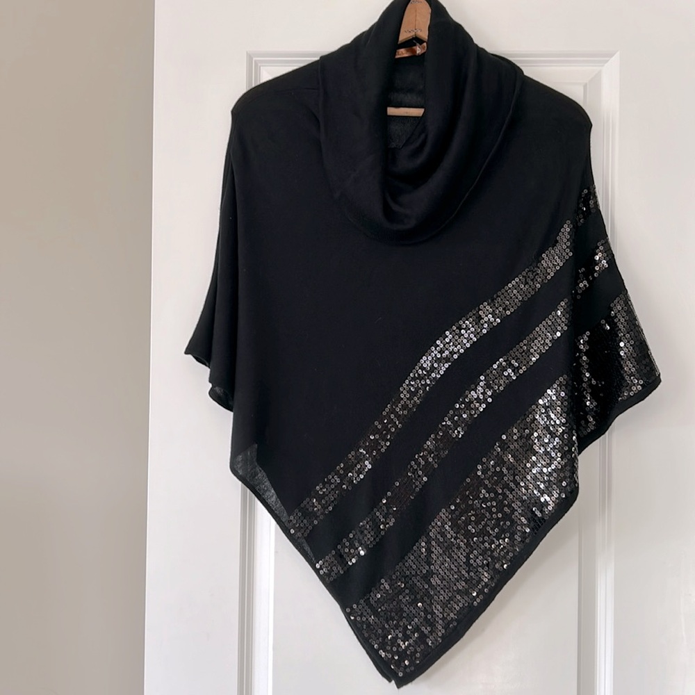 Belldini Sequined Striped Cowl-Neck Knit Poncho Style Sweater Black